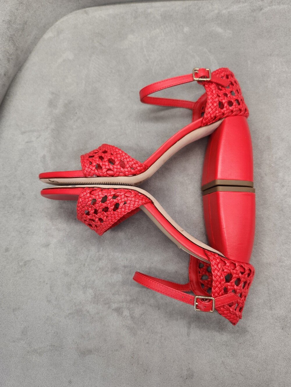 Antonio Melani Heeled Sandals 9.5 Scarlet Red Woven Leather Gretel Boho New $140